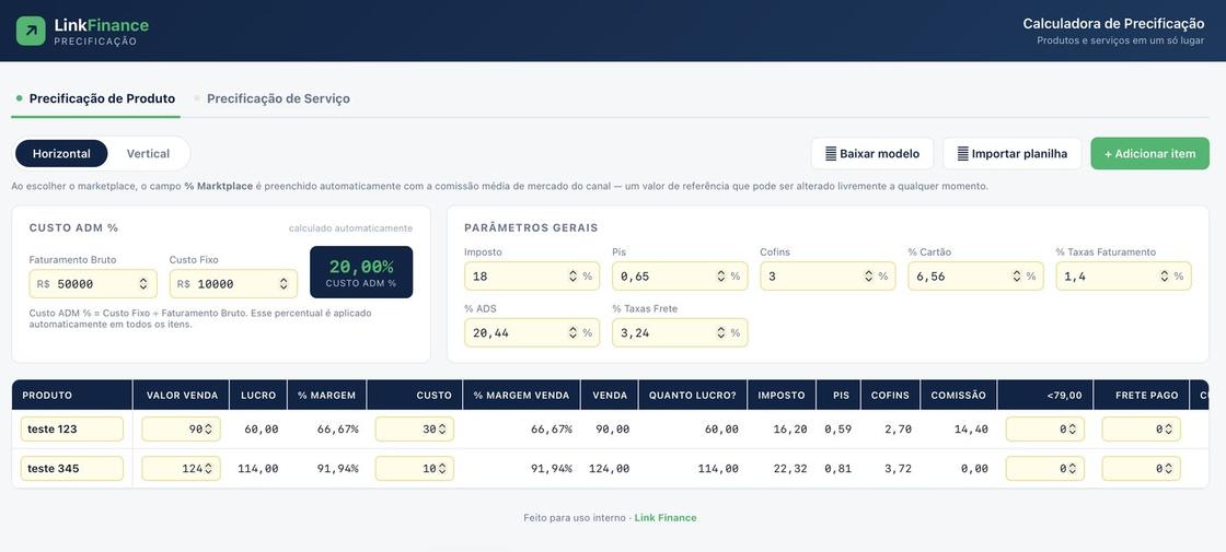 Calculadora de precificação da Link Finance, com parâmetros de custo, impostos e tabela de produtos